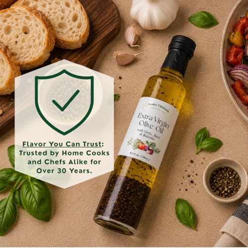 Image of Lesley Elizabeth Extra Virgin Olive Oil with Garlic, Basil & Balsamic, 8.5 fl oz - Small-Batch Herb-Infused EVOO for Dipping, Drizzling, Dressings & Everyday Cooking - All-Natural, Plant-Based Ingredients