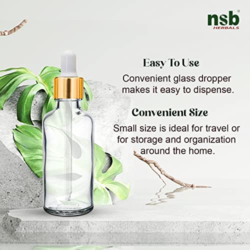 Image of nsb herbals 50 ML Clear /Transparent Round Empty Glass Bottle + Glass Dropper + Gold Ring + Silcon White Teat, Refillable, Leak Proof For Essential Oils, Perfumes (Pack of 24)