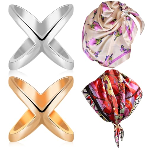 Image of SYWDUDUCLT Scarf Ring for Women's Shawl, Silk Neckerchief, Tshirt, Gold /Sivler, S /M /L, 2 Pcs