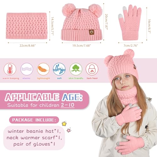 Image of Kids Winter Hat Gloves Scarf Set,Toddler Girls Winter Hat Kids Beanie with Pom Neck Warmer Gaiter Mittens Fleece Lined Set