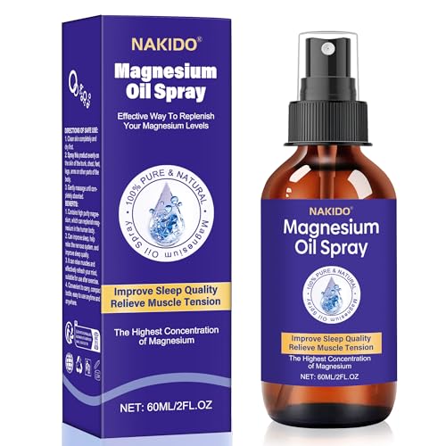 nakido Magnesium Spray – 100% Pure & Natural Dead Sea Magnesium Oil – Helps Relieve Muscle Soreness & Promote Better Sleep – Perfect for Bedtime or After Workouts 2.0 FL OZ