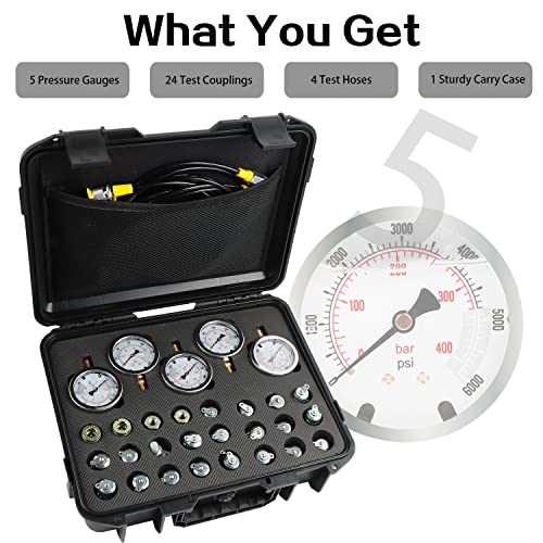 Image of Hydraulic Pressure Test Kit with 5 Gauges, 10 /100 /250 /400 /600bar, 24 Couplings 4 Test Hoses Pressure Gauge Set for Excavator Construction Machinery