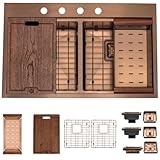 Strictly Sinks 33 inch Topmount Kitchen Workstation Sink-Copper 50/50 Double Bowl 16 Gauge Stainless Steel Drop In Sink with Wooden Cutting Board, Colander, 3 Square Drains & Bottom Grids