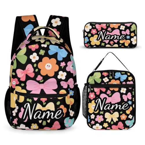 Bowknot Rose Floral School Bag Set Custom Name Backpack Lunch Box Pencil Case, Personalized Elementary Primary Kids Book Bag