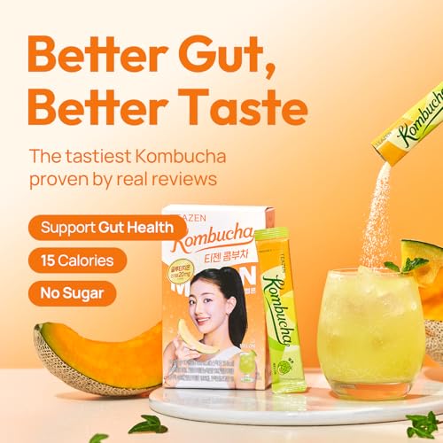 Image of TEAZEN Melon Flavored Kombucha Tea, Hydration Drink Mix, Sugar Free, Live Probiotics & Prebiotics, 10 Sticks, 1.76oz