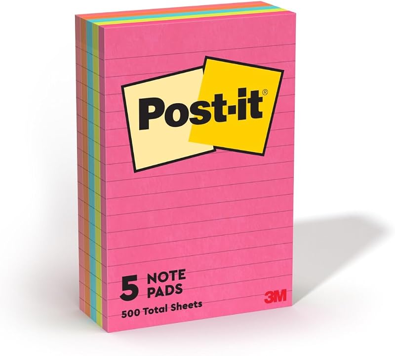 Post-it Notes, 4 in x 6 in, Lined, Assorted Bright Colors, 5 Pads, 100 Sheets per Pad, 500 Sheets Total, Sticky Notes for Planners, School and Office