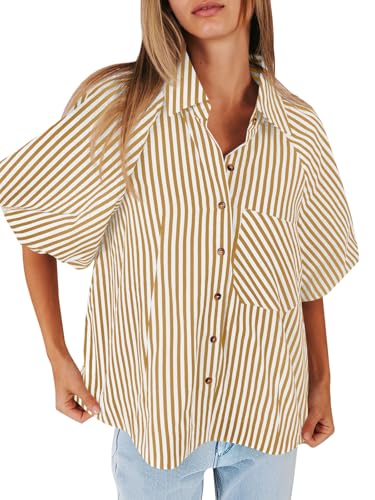 Image of Tankaneo Womens Short Puff Sleeve Button Down Shirts Striped Trendy Casual Loose Fit Blouse V Neck Collared Tops