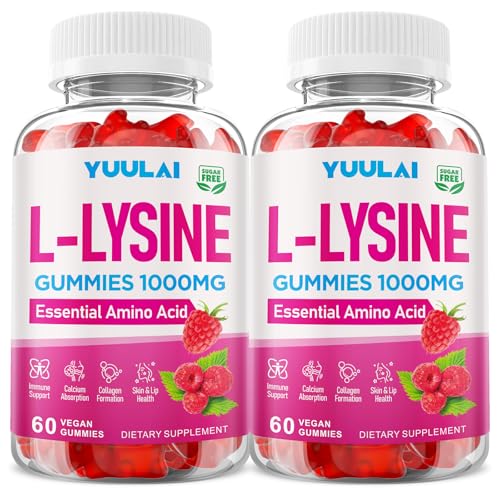 YUULAI Pack of 2 L-Lysine 1000mg Gummies for Adults & Kids Essential Amino Acid Supplement for Lips & Oral Health Boost Immune & Collagen & Calcium Sugar-Free Raspberry Flavor 120 Count