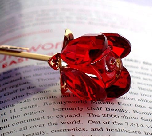 vgotgifts 24 Karat Yellow Gold Plated Red Crystal Rose Flower Long Gold Stem w/Forever Love Box(best Gift)