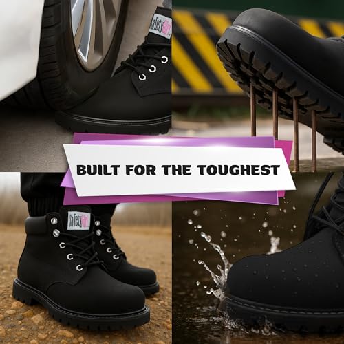 Image of Safety Girl Women's Work Boots | Water Resistant Leather Work Boots for Women | Oil & Slip-Resistant Black, Steel Toe Boots for Women | Premium Nubuck Lightweight and Comfortable | Black - 12M