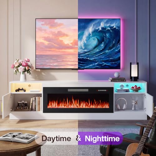 Image of Waleaf 80 inch Fireplace TV Stand with 40 inch Electric Fireplace,20 Colors LED Lights Entertainment Center for Living Room,Large High Gloss TV Console Cabinet for Televisions up to 90+ Inch