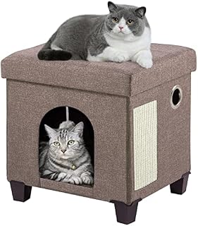 BRIAN & DANY Collapsible Cat Cave for Indoor Cats, Multifunctional Cube Cat House with Cat Scratch Board & Ball, 37x 31.8 x 36 cm, Brown