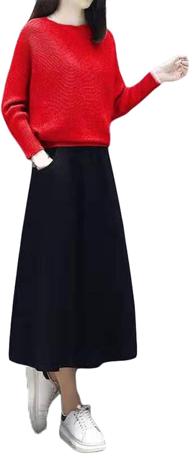 [YJSO] フレアスカート セットアップ レディース 2点セット 20代 30代 40代 秋冬 ニット Aライン セーター 丸首