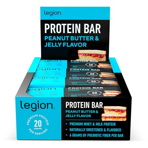 Legion Protein Bar Peanut Butter Jelly - 100% Whey Protein, Soy Free Protein Bars with Prebiotic Fiber - Low Fat Healthy Protein Bar - Gluten Free, Naturally Flavored, Low Sugar Protein Bars (12 Count)