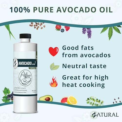 Image of Zatural 100% Pure Cold Pressed Avocado Oil - Non-GMO Refined, High Smoke Point 500F+, Perfect for Cooking Frying Baking Grilling, Dressings Sauces Marinades & Skincare Hair (16 fl oz)