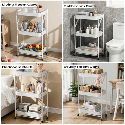 Image of Multipurpose Foldable Kitchen Storage Trolley | Heavy Metal 3-Tier Utility Cart for Storage | Portable Cart for Kitchen, Bedroom, Office | Kitchen Rack with Lockable Wheels (White)