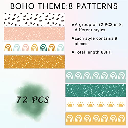 Image of Whaline 82Ft Boho Bulletin Board Borders 8 Designs 72Pcs Rainbow Themed Decoration Colorful Trim Border Stickers for School Classroom Office Party Decoration