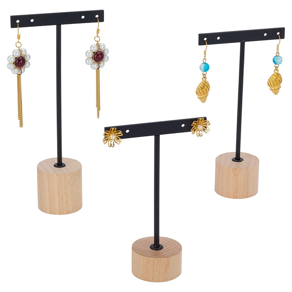 FINGERINSPIRE 3 Pcs Black Metal T Bar Earring Display Stand 4.7/5.7/6.6inch Height Jewelry Stand with Wooden Round Base Earring Hanging Holders Jewelry Organizer for Store Retail Photography Props