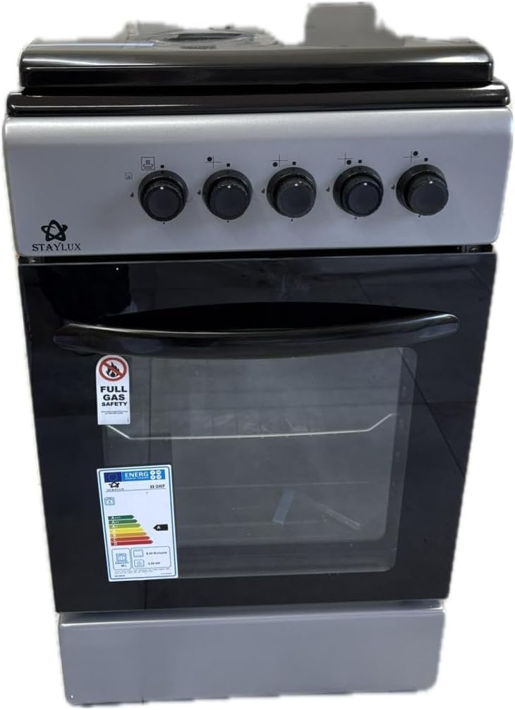 Cucina A Gas 4 Fuochi Con Forno A Gas 50 x 50 cm Colore Grigio e Nero Con Coperchio, ROBUSTA A