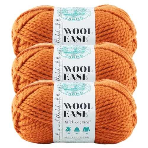 Image of Lion Brand Yarn Wool-Ease Thick & Quick Yarn, Soft and Bulky Yarn for Knitting, Crocheting, and Crafting, 3 Pack, Pumpkin | Super Bulky Wool Acrylic Blend Fiber for Soft Hats, Sweaters, Chunky Blankets, Yarn for Crochet, Knitting, Crafts, Weaving