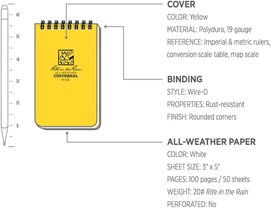 Rite in the Rain Weatherproof Top Spiral Notebook, 3" x 5", Yellow Cover, Universal Pattern, 6 Pack (No. 135L6) - Image 11