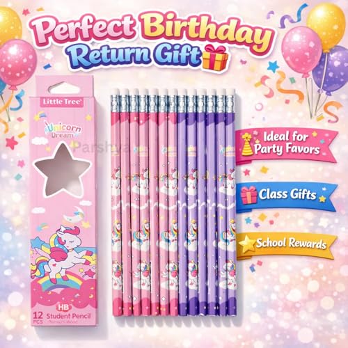 Image of KiddieWorld Unicorn Dream HB Pencil Set for Kids (12 Pcs) Cute Printed Wooden Student Pencils with Eraser Dark Smooth Writing, Break Resistant Lead School Stationery Gift Return Gifts for Girls Boys
