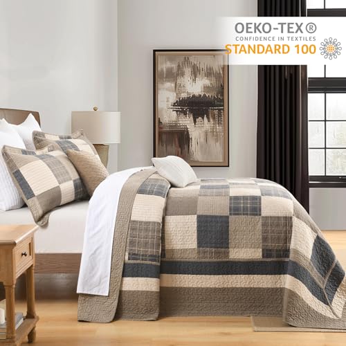Image of Finlonte 120 inchx120 inch Oversized King Bedspread - 100% Cotton Lightweight Quilted Bedspreads Coverlet Set, Farmhouse Plaid Bedding Reversible Oversized King Quilt with 2 Pillow Shams, Brown /Beige /Cream