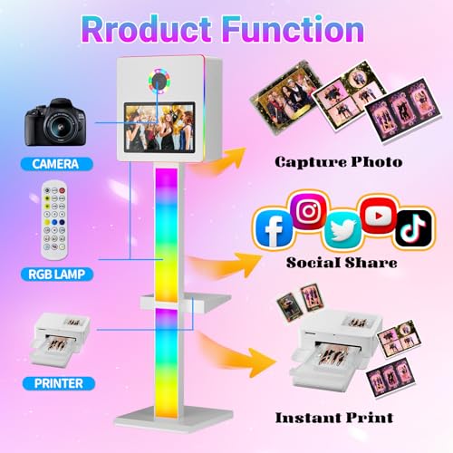 Image of Mirror Photo Booth with 15.6 Interactive Touch Screen DSLR Photo Booth with Flight Case Remote Control RGB Mood Light Instant Print and Share for Professional Party Photography (White)