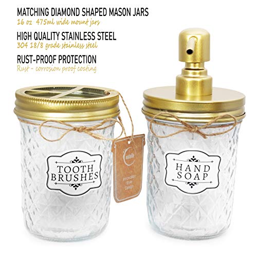 eatelle Mason Glass Bathroom Accessories Set Gold 4 Pieces, Soap/Lotion Dispenser, Qtip/Swabs, Cotton Balls, Toothbrushes Holder - Modern Decor Apothecary Jars Countertop, Vanity Organizer - Thumbnail 4