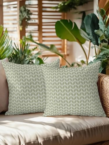 Outdoor Waterproof Throw Pillows Herringbone Texture on Sage Green Patio Pillows Pack of 2,Decorative Pillow Covers with Insert,Pillow Cushion Case...