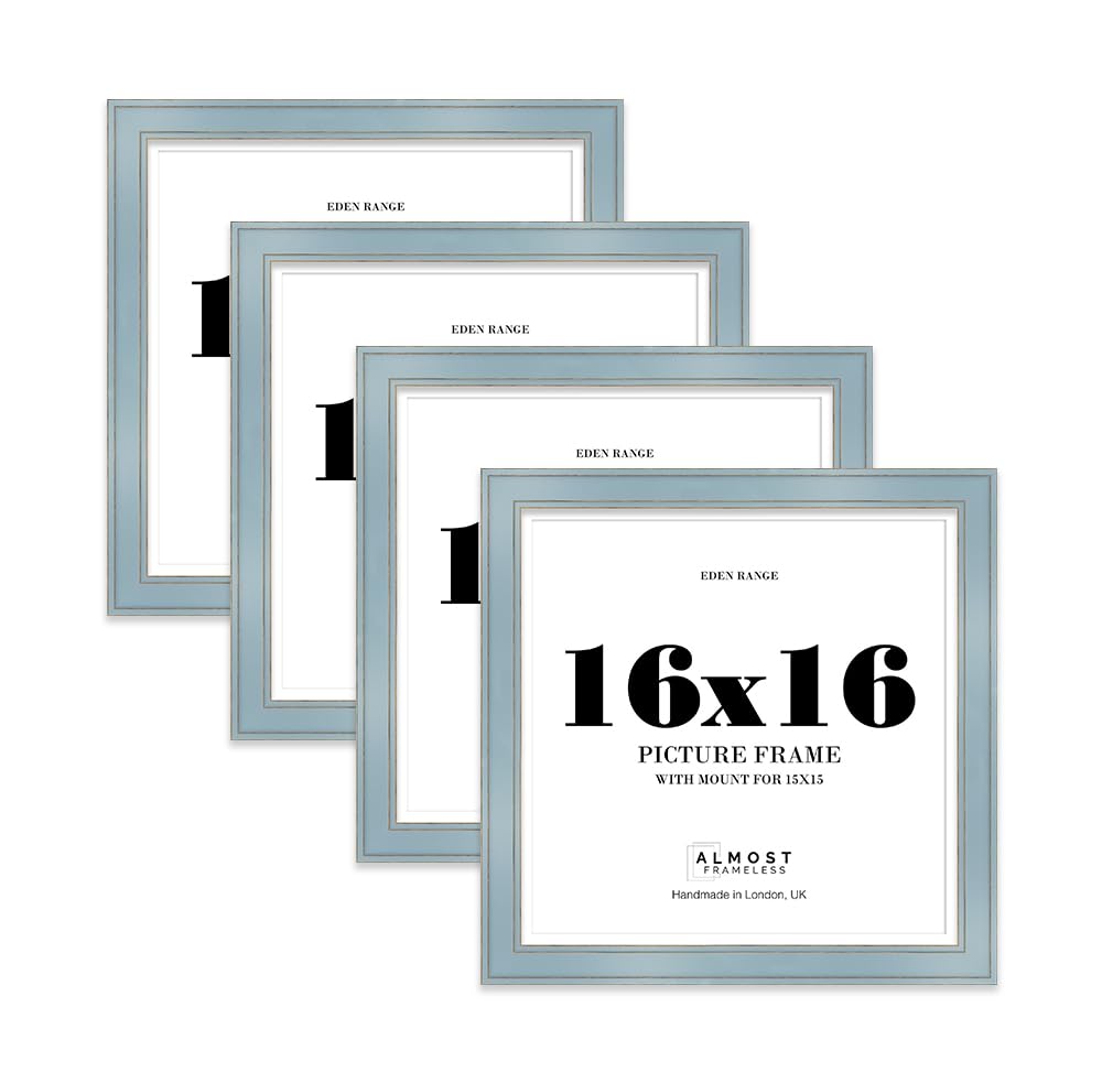 16x16 Cornflower Blue Square Picture Frame with 15x15 Mount - Shabby Chic Photo Frame with Distressed Finish, Gold Trim, Wall Hooks, 37mm Edge - 4 Pack