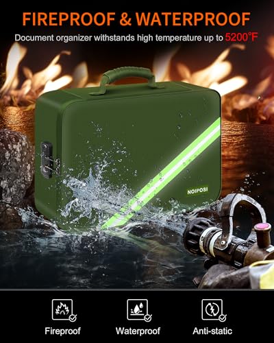 Image of Noiposi Fireproof Document Box with Lock 5200℉ Water Resistant | Portable ,Home ,Travel Strong Document Storage Organizer with 7 pockets for Important Documents and File ,Green