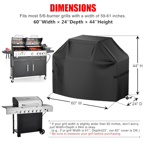 BBQ Grill Cover, Waterproof, Weather Resistant, Rip-Proof, Anti-UV, Fade Resistant, with Hook-and-Loop Straps, Gas Grill Cover for Most Grills, 60 inch, Black