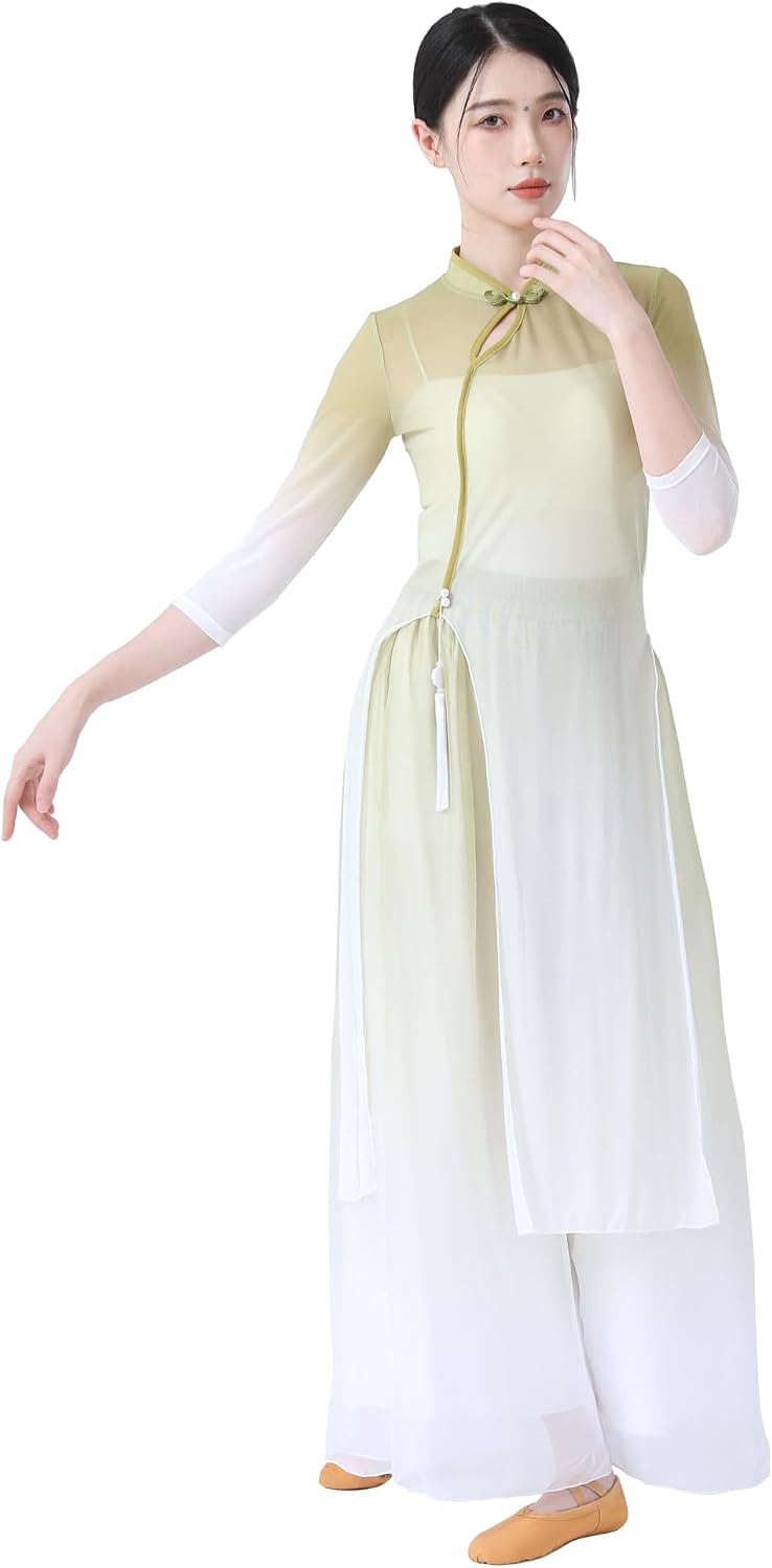 Angcoco Women's Half Sleeve Gradient Color Mesh Blouse Top + Pants Set for Dance Performance