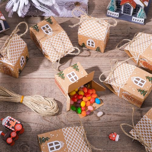 24 Stück Geschenkbox Weihnachten, Adventskalender Häuschen Kraftpapier Geschenkbox Geschenkverpackung Weihnachten mit Hanfseil Geschenkschachtel für Süßigkeiten Schokolade