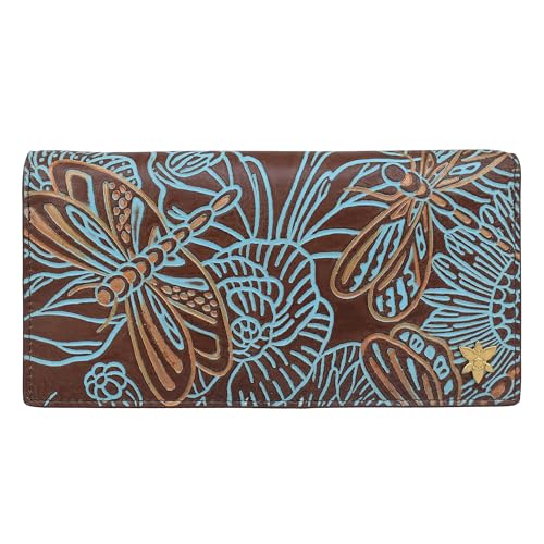 Anuschka Carteira clutch feminina de couro genuíno pintada à mão original, Prado libélula trabalhado marrom com turquesa, One Size
