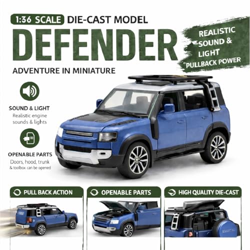 Image of Pringo Defender Toy Car for Kids (Blue) - 1:36 Scale Diecast Metal SUV with Pull Back Action | Two Side Openable Doors | Light & Sound Effects | Model Car Toy for Boys & Girls 3+ Years