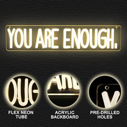 Image of You Are Enough Neon Sign Dimmable Neon Signs for Wall Decor Affirmation LED Signs USB Neon Light Up Sign for Bedroom Living Room Reading Room Classroom Book Party Library Decoration for Women Men Kids