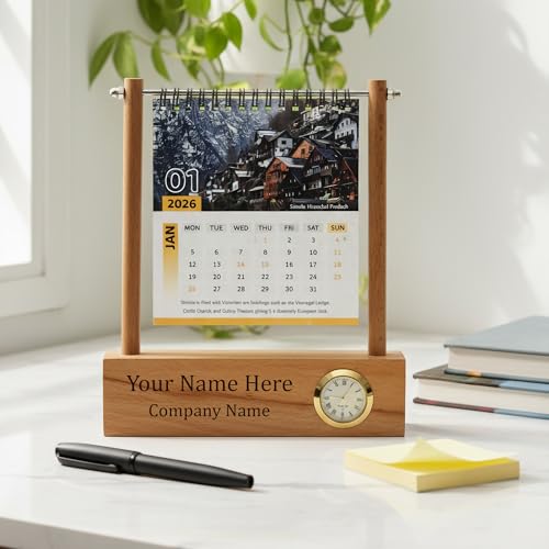 Image of Deskart Personalized Desktop Calendar | Wooden Customized Lifetime Infinity Calendar with Clock and Personal Name Marking | Foldable for Home Decor, Office Desk and Study Table (Octo Personalized)