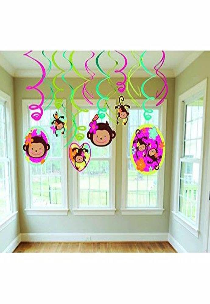 Décorations suspendues singes Amscan pour habiller un plafond vide sans effort lors d'une fête