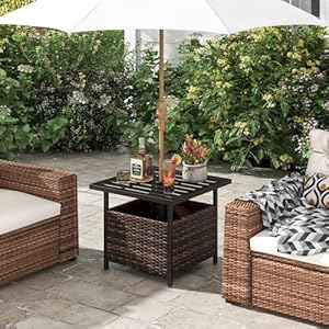 DORTALA Rattan Wicker Umbrella Square Side Table Outdoor Stand Garden Leisure Coffee Table with Umbrella Hole Dark Brown