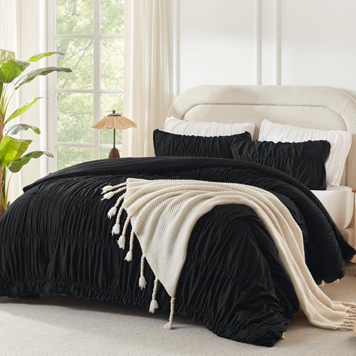 Image of Andency Ruched Black Twin Size Comforter Sets, Shabby Chic Pleated Bedding Sets 2 Pieces, Lightweight Soft Boho Ruffle Bed Set for Girls, Kids, Women, All Season