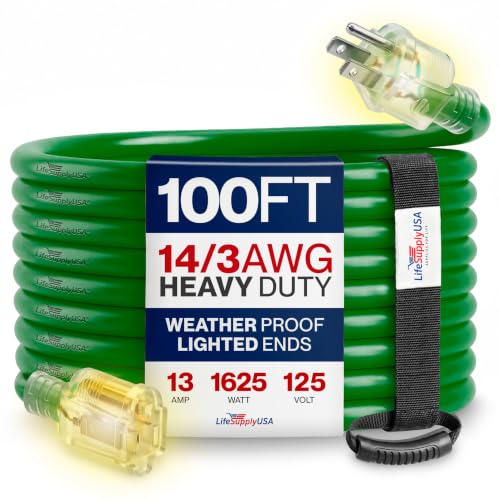 100ft Outdoor/Indoor Extension Cord 14/3 Gauge Heavy Duty 3 Prong SJTW, Waterproof, Flexible Cold-Resistant Long Power Cord,13A 125V 1625W, Green by LifeSupplyUSA