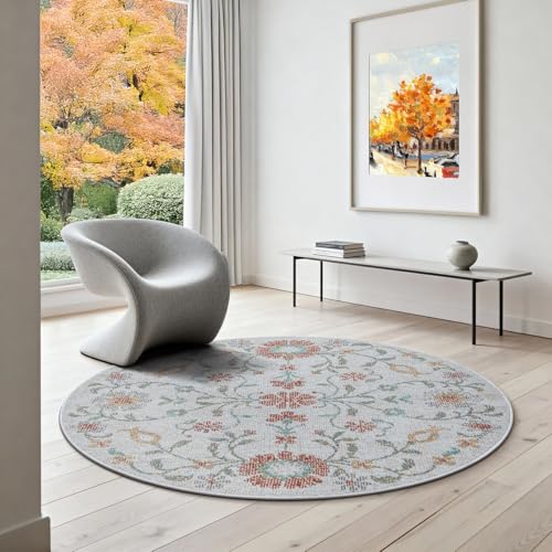 the carpet Palma - Outdoor Teppich wetterfest – Balkon Teppich, Terrasse & Garten – UV-beständig, pflegeleicht, Indoor Outdoor Teppich, Mehrfarbig, Creme, 120 cm Rund