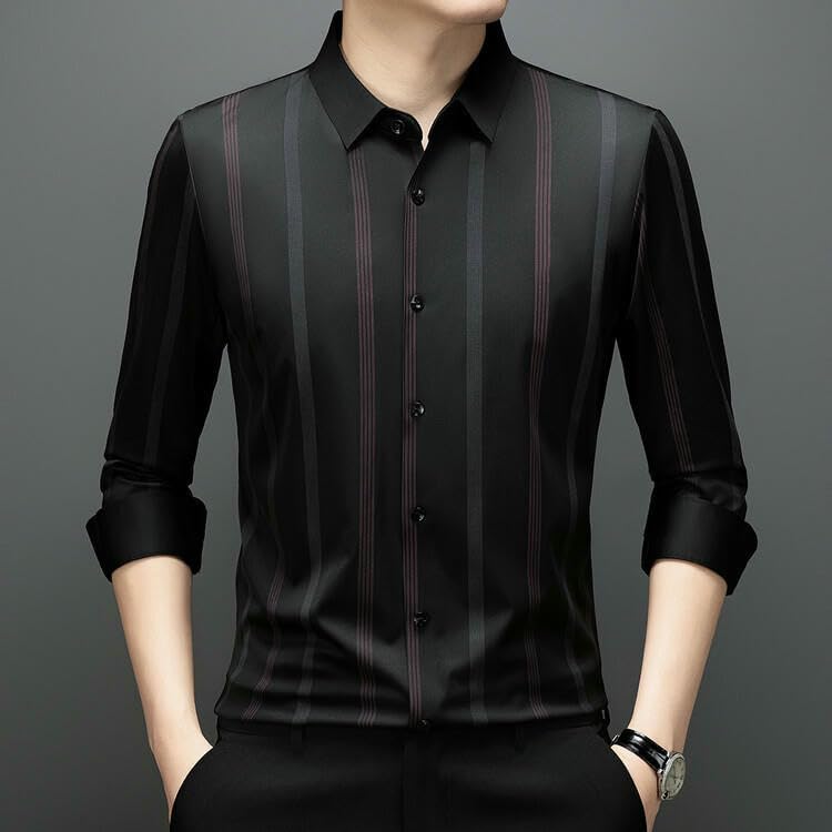 Men's Long Sleeve Spring Autumn Business Casual Wrinkle-Free Anti-Wrinkle Elastic Striped Shirt3