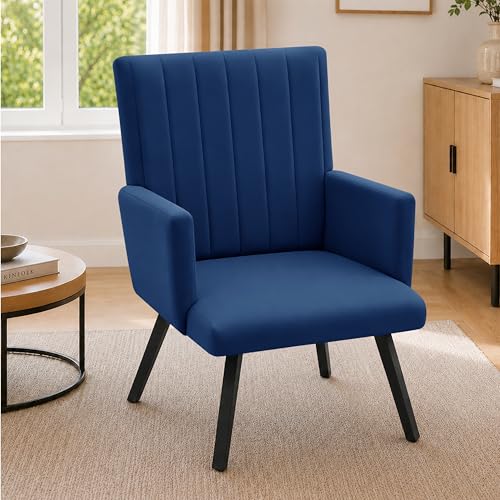 Image of Rosebell Modern Accent Chair for Living Room | Single Seater Chair with Armrests & Metal Legs | Comfortable Lounge Chair for Bedroom, Reading & Office | Blue