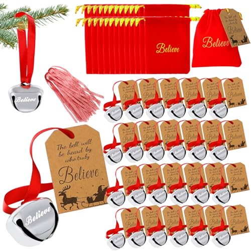 24 Set Christmas Believe Bell Ornaments Polar Express Bell Silver Sleigh Bell Christmas Favors Bulk Tree Bell Decoration Holiday Treat Gifts for Kids & Adults