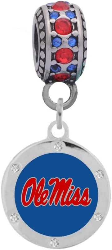 University of Mississippi, Ole Miss Crystal Logo Charm Fits Compatible With Pandora Style Bracelets