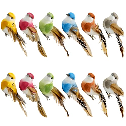 LWINGFLYER 4Inch Fake Birds Clip on Bird Ornaments for Crafts Christmas Tree Decoration Wreaths Decor Floral Arrangements, 12pcs Artificial Simulation Foam Feather Birds
