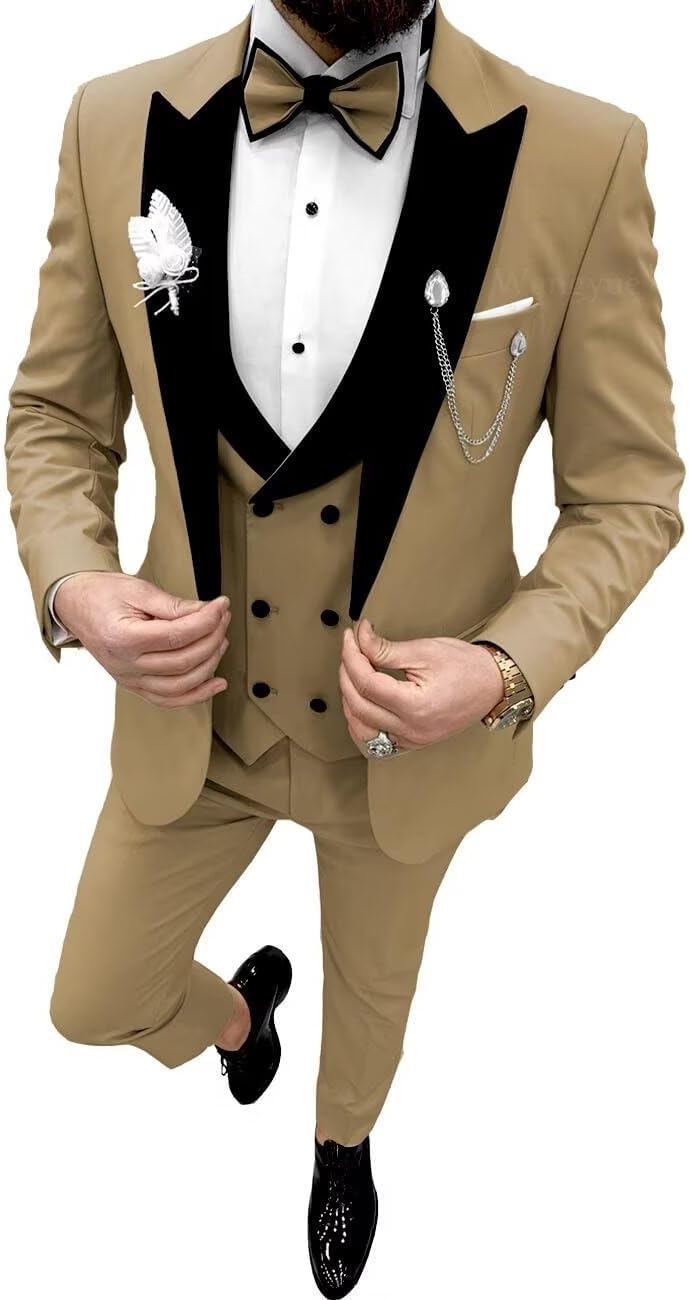 Wangyue Double Breasted Mens Tuxedo Suit Set 3 Piece Wedding Tuxedos for Men Slim Fit Prom Suits Groom Tux with Bow Tie